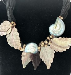 Mother of Pearl Shell Statement Beaded Necklace Leaf Irregular Nature Theme