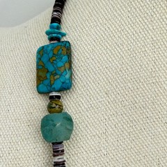 Artisan Beaded Lariat Tassel Necklace Turquoise Tigers Eye Sea Glass Blue Brown