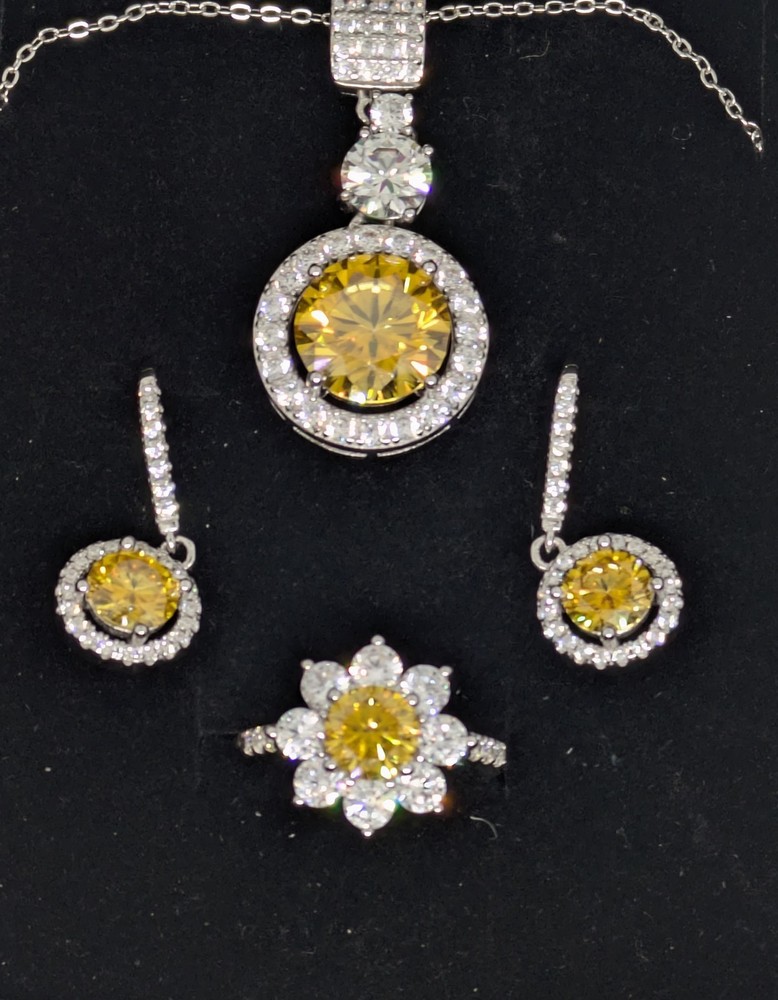 Womens Yellow Moissanite Jewelry Set 6CT Chain, 1CT Ring & 1CT Earrings W/ GRA