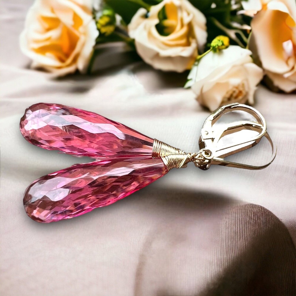 Lab Made Pink Tourmaline Wire Wrapped Earrings 14K Gold Filled , 8th Anniversary