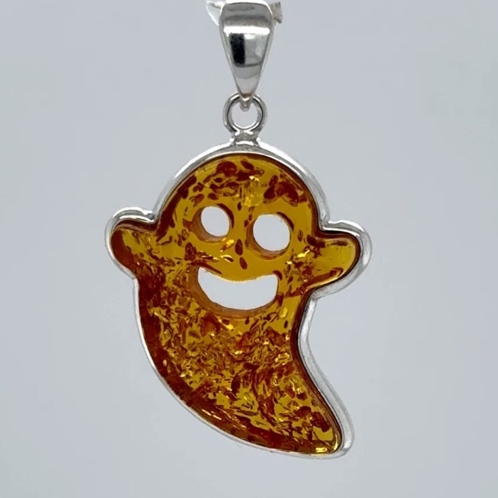 Cognac Brown BALTIC AMBER Ghost Specter Pendant 925 STERLING SILVER Tibuki 9043e