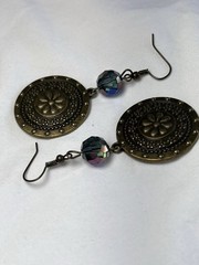 Handmade Antique Brass Earrings, AB Faceted Glass Beads, Brass Charms