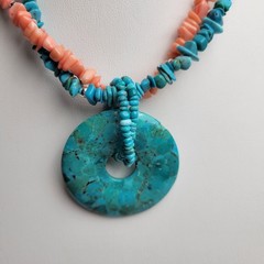 Turquoise, Spiny Oyster & Sterling Silver Beaded Necklace w/Disc Pendant 15-17″