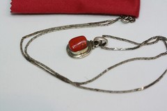 Estate Mexican 925 Silver Coral Jasper Pendant Necklace 45 CM 18″ HeShe Chain