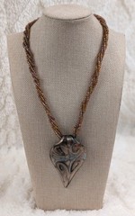 Handmade Art Glass Pendant Necklace Bronze Black Swirl Seed Bead Strands