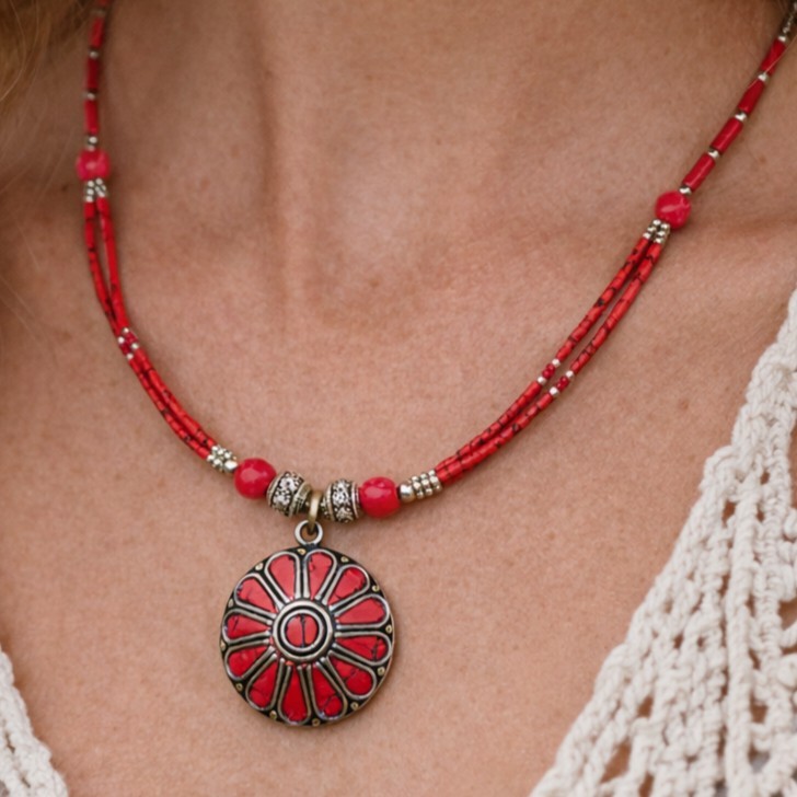 Tibetan Handmade Red Coral Gemstone Necklace 18in #0667