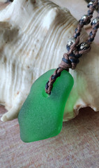 Green Sea Glass Necklace Gift Men Women Artisan Cotton Braid Handmade