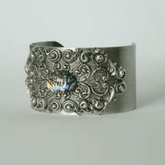 Baroque Silver Cuff Bracelet with Black Opal Stone – Victorian Gothic Jewelry
