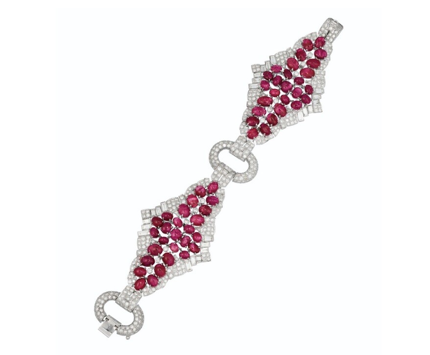 Oval and Round Cabochon Rubies With Round and Baguette-Cut CZ Gorgeous Bracelet