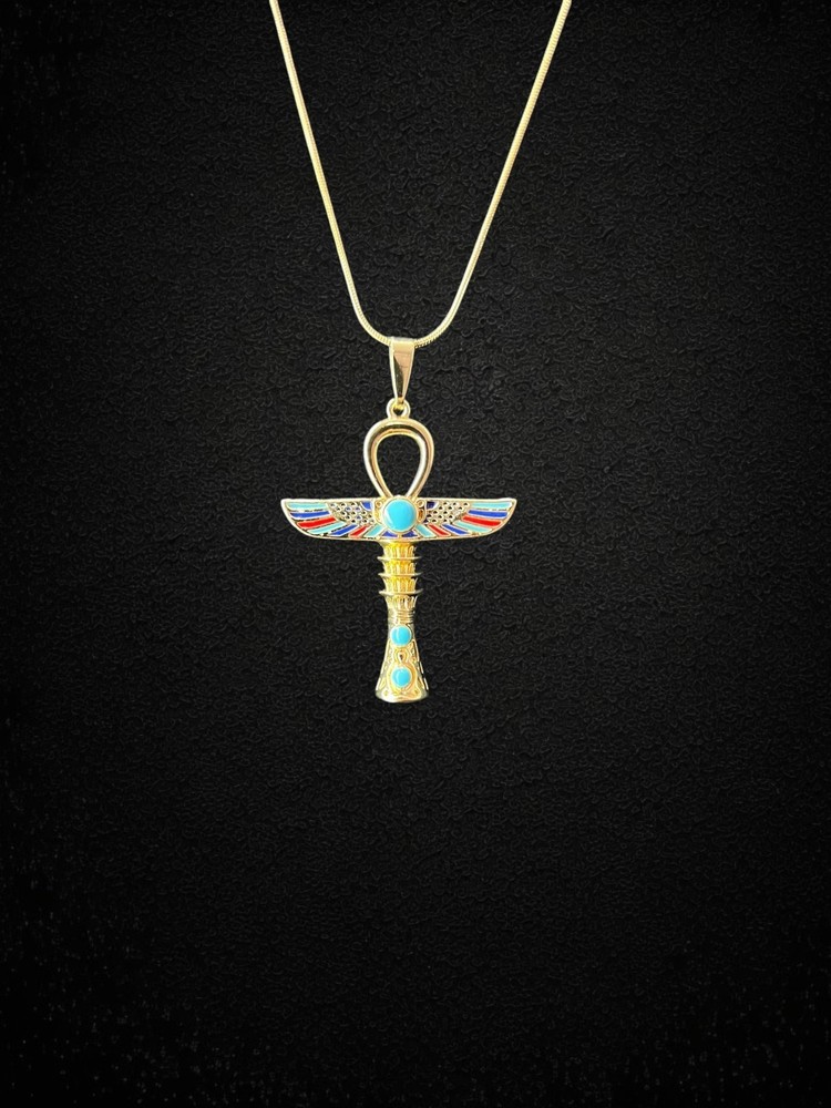 Winged Isis Ankh Necklace – Brass Pendant with Turquoise and Red Enamel