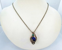 Steampunk Lapis Lazuli Pendant, Wire-Wrapped in Brass with Turquoise