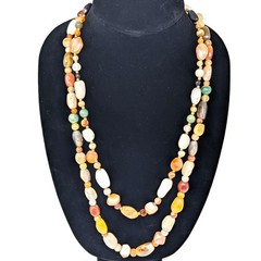 Natural Polished Agate Stone Necklaces Set of 2 at 22″ and 28″ Multicolor VTG