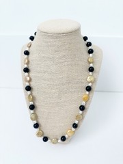NWT Genuine Black Onyx & Pearls Necklace Gold Black White
