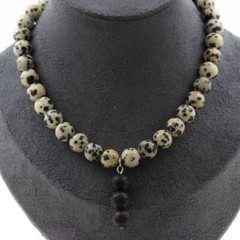 Dalmatian Jasper Bead Necklace 8 Mm + 3 Lava Beads 8 Mm. Chain Necklace