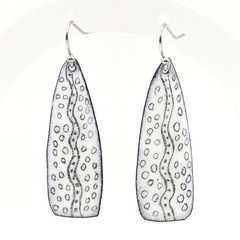 Handmade Artisan Enamel on Metal Drop Earrings White Black Pattern Blue Backing