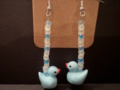 Handcrafted ooak blue dangle drop duck earrings with frosted glass beads