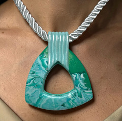 Handmade Blue & Green Polymer Clay Pendant Necklace on Silk Cord Stainless Steel