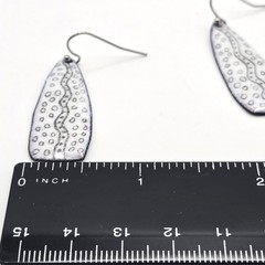 Handmade Artisan Enamel on Metal Drop Earrings White Black Pattern Blue Backing