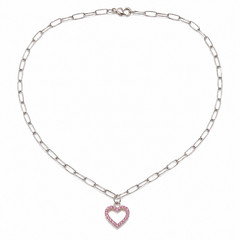 Pink Rhinestone Heart Necklace – Reversible Etched Heart Charm – Stainless Steel