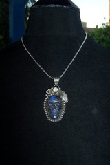 Southwestern Silver Tibetan Carved Moonstone Labradorite SKULL Pendant Necklace