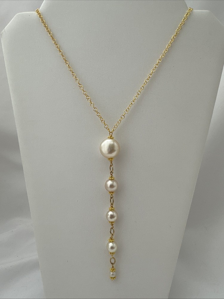Gold Plate 4 Graduating Faux Pearls 24″ Necklace 5″ Dangle #8