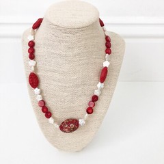 NWT Genuine Red Coral, Carved Cinnabar & Pearl Necklace Beaded
