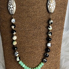 Art glass and metal bead brass chain necklace