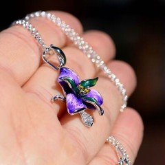 Purple Orchid Flower Enamel Pendant Sterling Silver 925 , 14th Anniversary