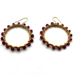 Artisan Wire Wrapped Gold tone Garnet Bead Hoop Earring Pierced Beaded