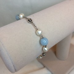 6-7MM white cultured FW pearl & aquamarine sterling silver 7.5″ bracelet NEW