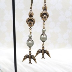 Brass Bird Earrings: Sage Green Pearl Floral Cottagecore Handmade Dangle Jewelry