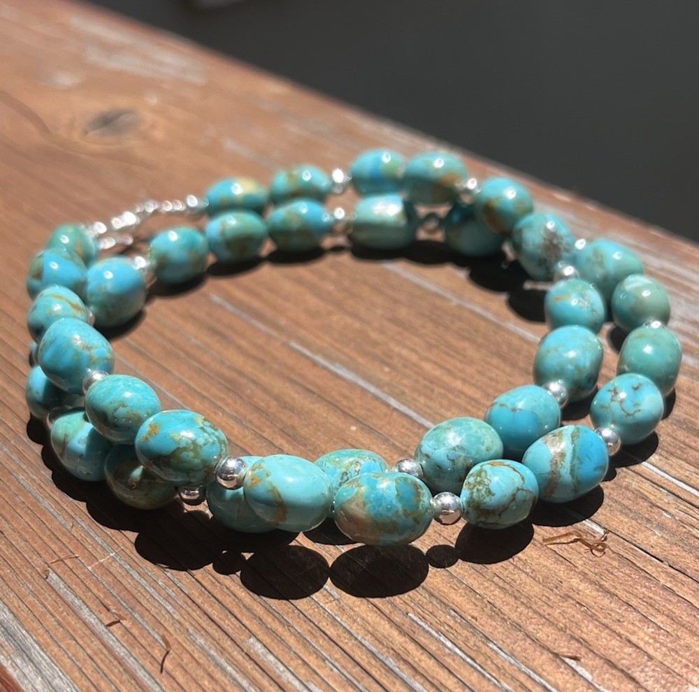 Kingman Turquoise 925 Necklace 20.5in. 10mm with 4mm Sterling Silver beads
