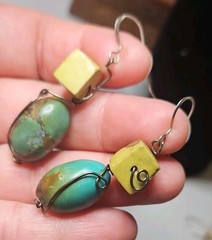 Cube Yellow Jasper and Oval Turquoise Earrings Silver Wire, Handmade