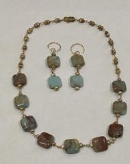 SNAKESKIN JASPER & PEARL ARTISAN NECKLACE EARRING SET LOBSTER CLASP 18 INCHES