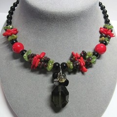 Red Coral Black Onyx Green Prehenite Garnet Quartz Southwest Pendant Necklace