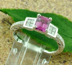 18k Solid White gold Natural Pink Sapphire & Diamond ring 1.42 ct engagement