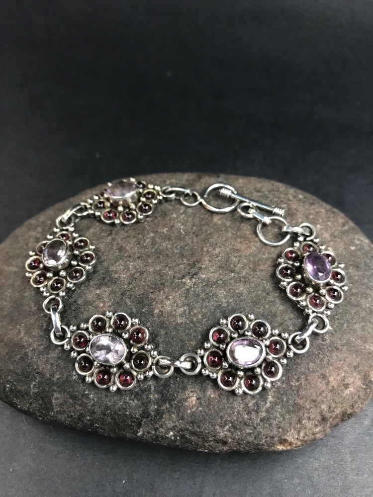 GENUINE AMETHYST & GARNET BRACELET MADE IN INDIA STERLING SILVER FREE SHIPPING