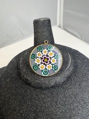 Murano Glass Millefiori Green Yellow Floral Mosaic Gold Tone Round Pendant