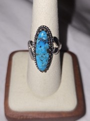 Native American Style Sterling Silver Kingman Turquoise Marquise Ring Size 7.5,