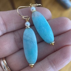 Min Favorit Blue Amazonite Stone, Freshwater Pearl & Gold Pl Artisan Earrings