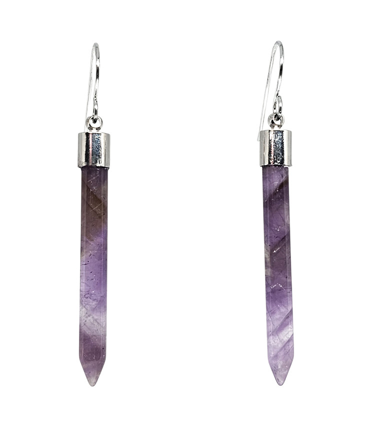 Amethyst Spike Earrings Purple Crystal Point Silver Tone Dangle Boho Handmade