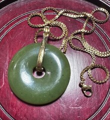 Green Jade Unisex Donut Necklace 35mm Goldtone 20” Chain Health Wealth Luck