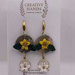 Handmade Floral Dangle Earrings Yellow Flower Gold Hoop Lightweight