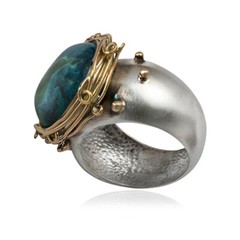 Brushed Sterling Silver, Eilat Stone And Gold Filled Wire Ring