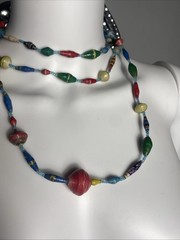 Handmade, extra-long necklace made from multicolor recycled paper beads 56”
