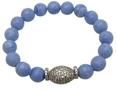 Whimsy Faceted Blue Lace Agate Beaded Stretch Bracelet Zircon Pave Oval Beads