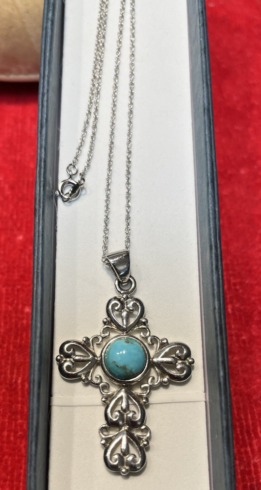 Vintage Sterling Silver 925 Cross Hearts, Fleur De Lis & 1 Turquoise Stone 2″T
