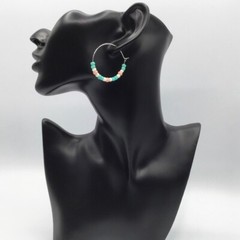 Earrings Hoop Boho Beaded Pastel Pink Teal Blue Pearly White Silver Tone Colors