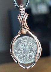 Handmade copper wire wrapped 1979 Barbados Ten Cent Coin Pendant 8f