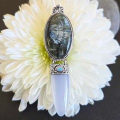 Offerings Sajen 925 SS Seraphinite Pendant with Blue Chalcedony and Opal Doublet